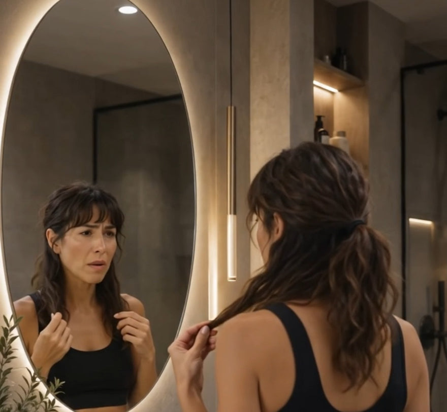 Mujer mirándose el cabello recogido frente al espejo