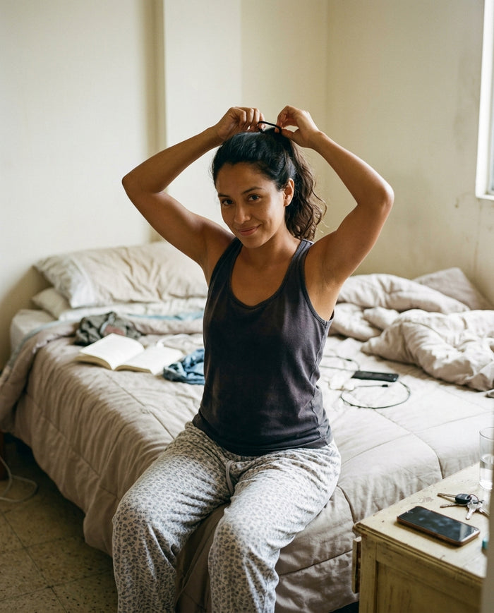 Mujer joven recogiéndose el cabello con un caucho, sentada en su cama