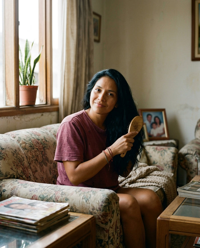 Mujer cepillándose el cabello sentada junto a la ventana de su sala
